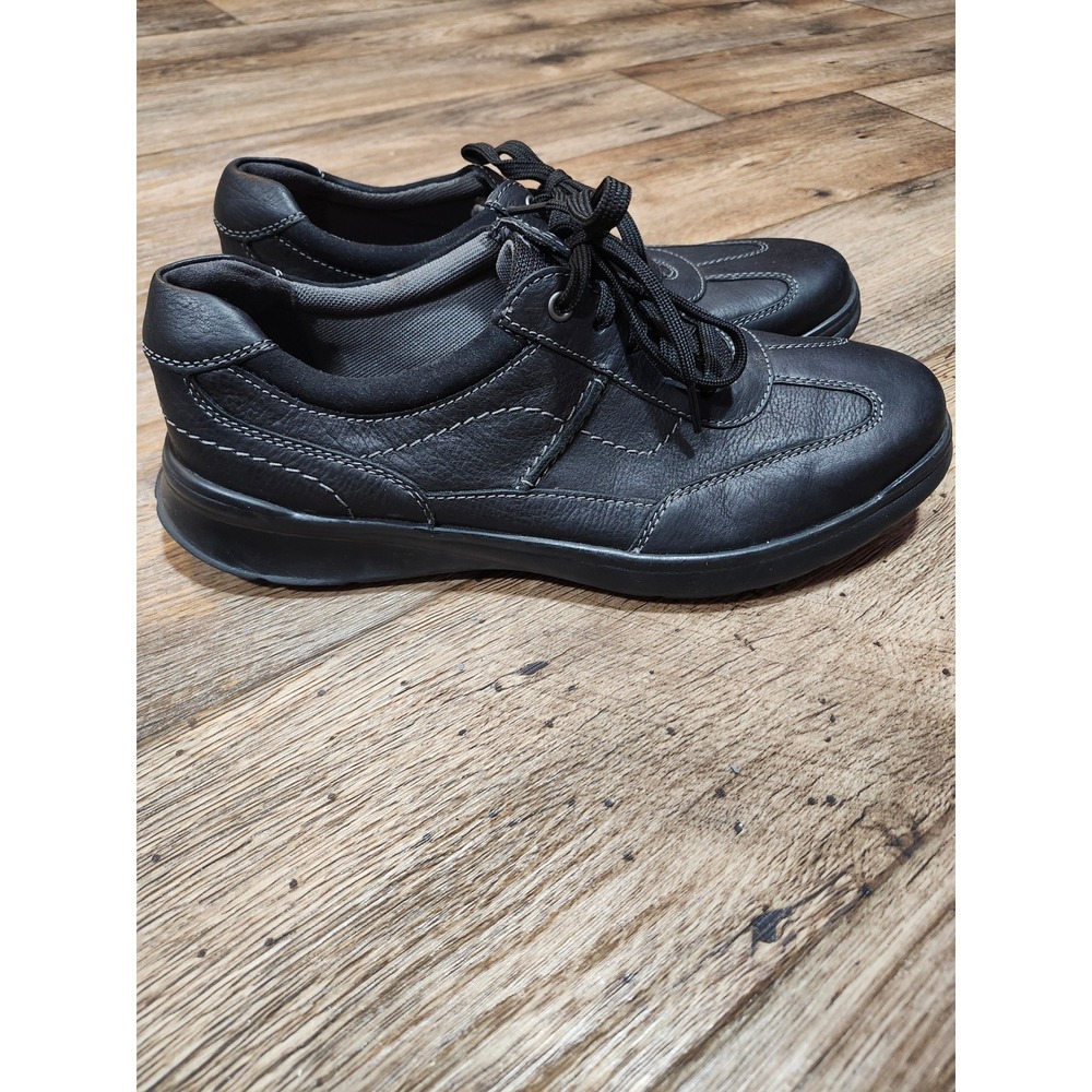 Clarks Mens 11 Walking Shoes Black Leather Lace Up Sneakers Contrast Stitching